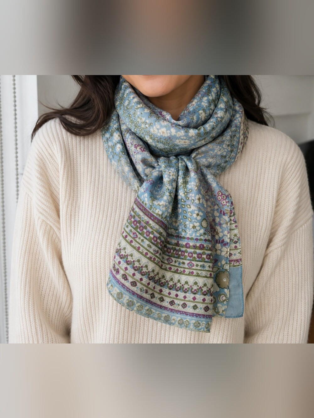 Floral Blue Green Silk Scarf